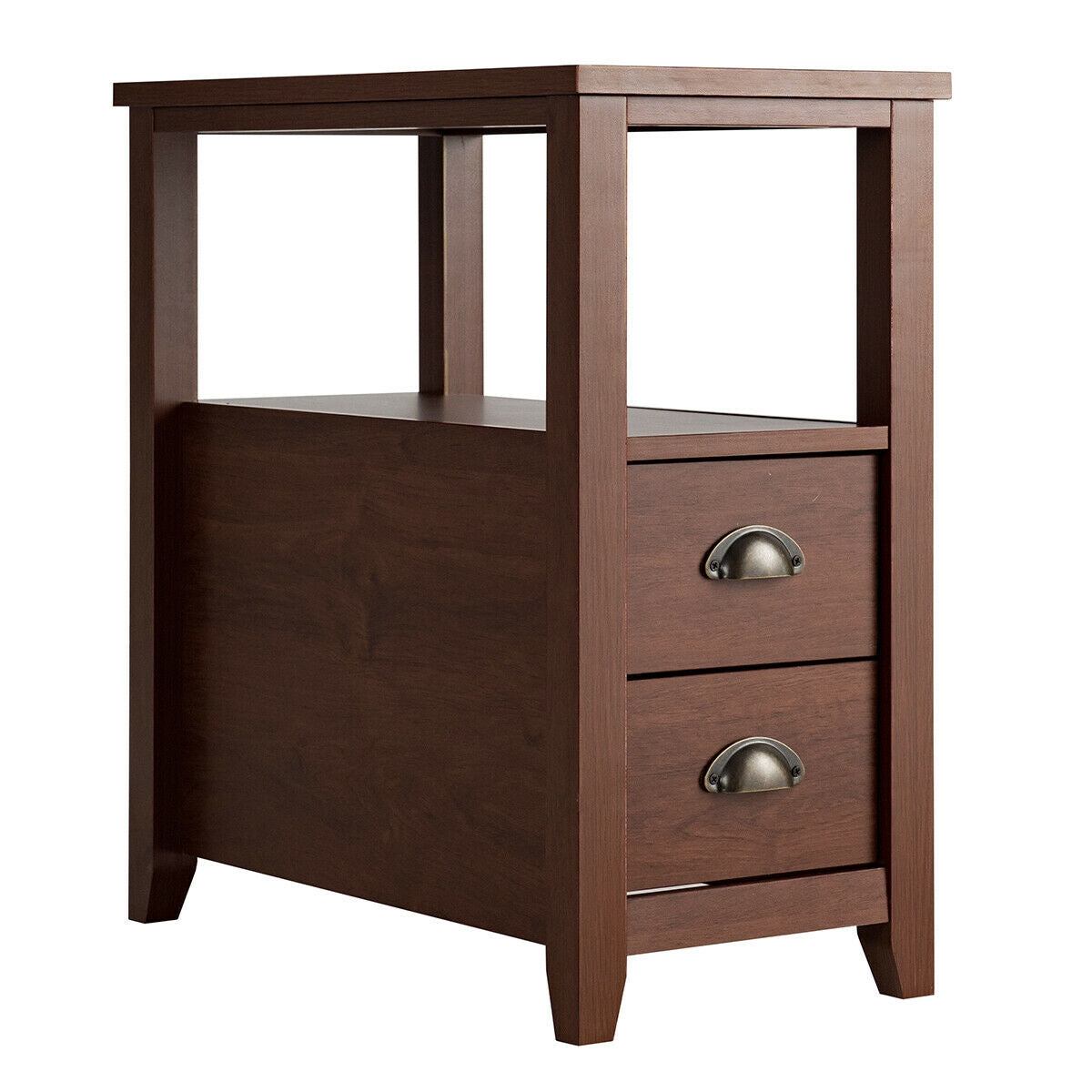 Modern Wooden Bedside Table with Storage Drawers and Display Shelf in Brown