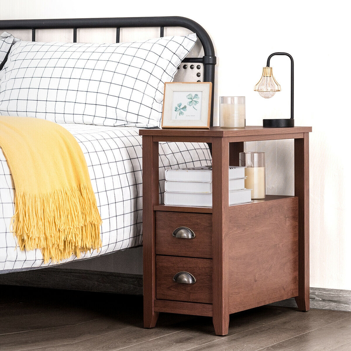 Modern Wooden Bedside Table with Storage Drawers and Display Shelf in Brown