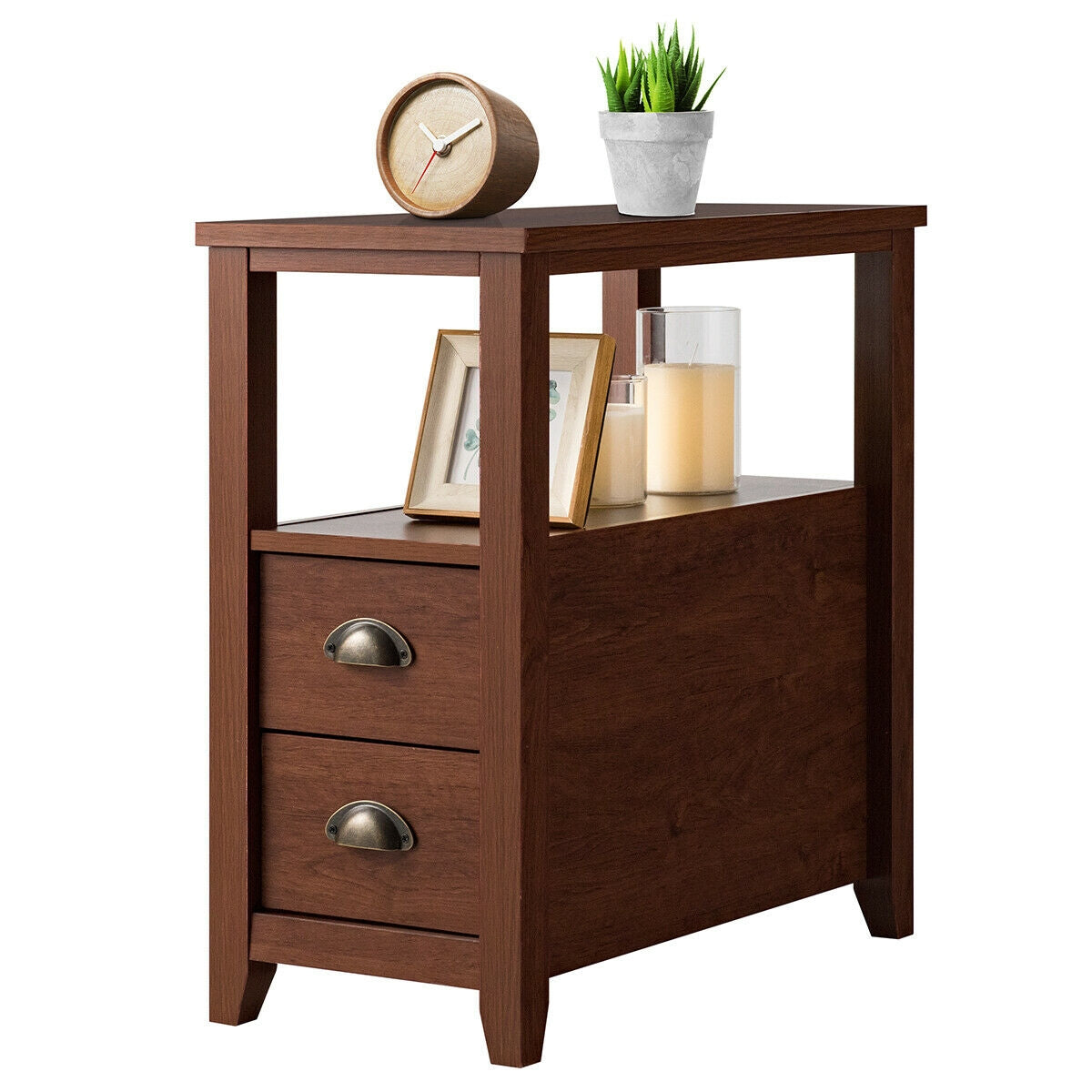 Modern Wooden Bedside Table with Storage Drawers and Display Shelf in Brown