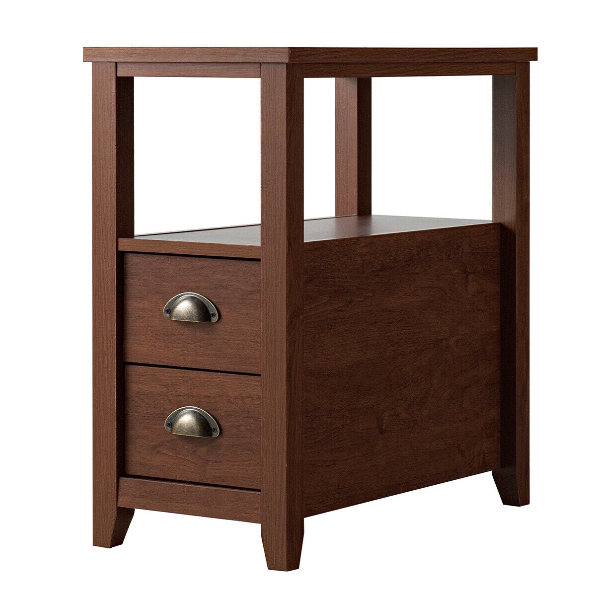 Modern Wooden Bedside Table with Storage Drawers and Display Shelf in Brown