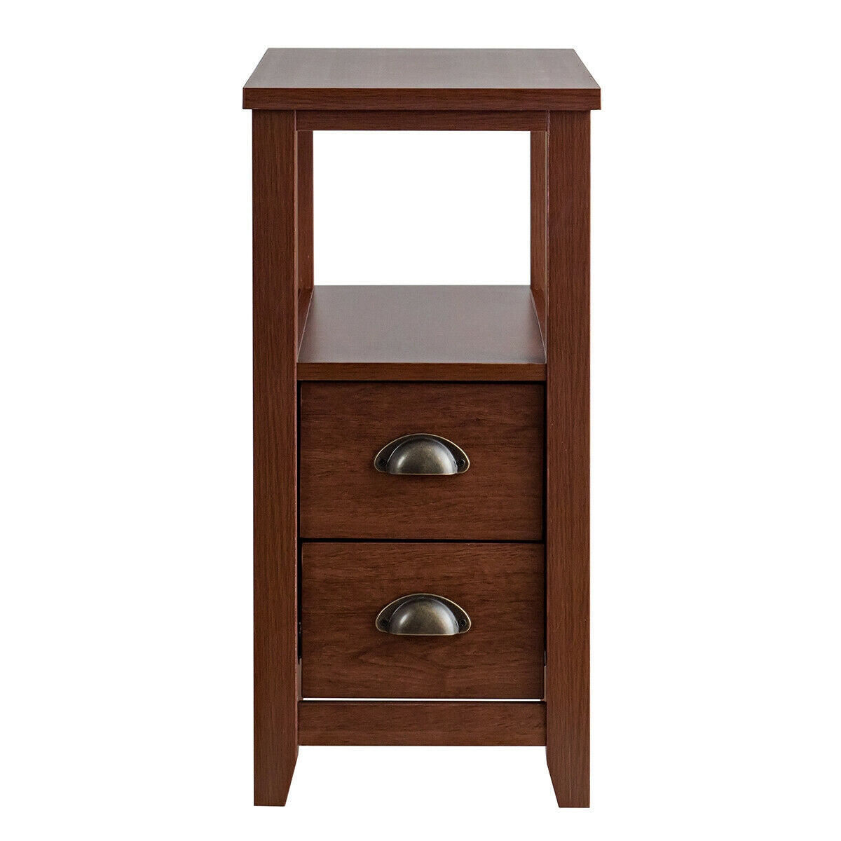 Modern Wooden Bedside Table with Storage Drawers and Display Shelf in Brown