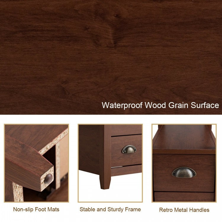 Modern Wooden Bedside Table with Storage Drawers and Display Shelf in Brown