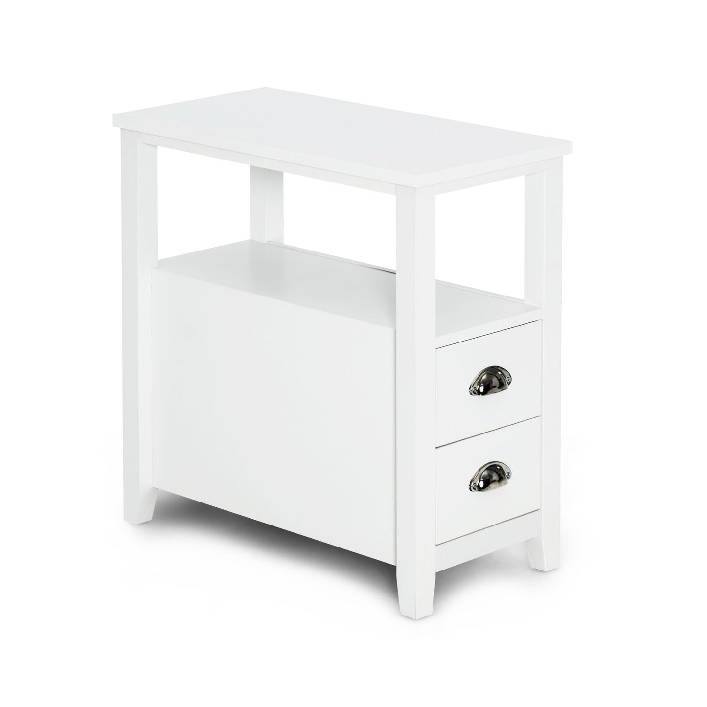 Modern Wooden Bedside Table with Storage Drawers and Display Shelf in White