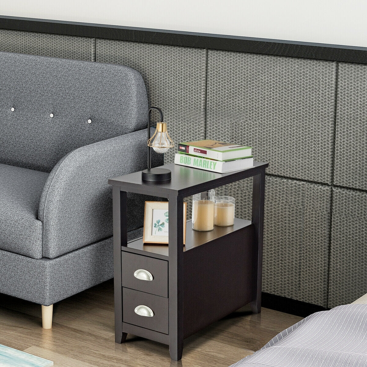 Modern Wooden Bedside Table with Storage Drawers and Display Shelf in Dark Brown