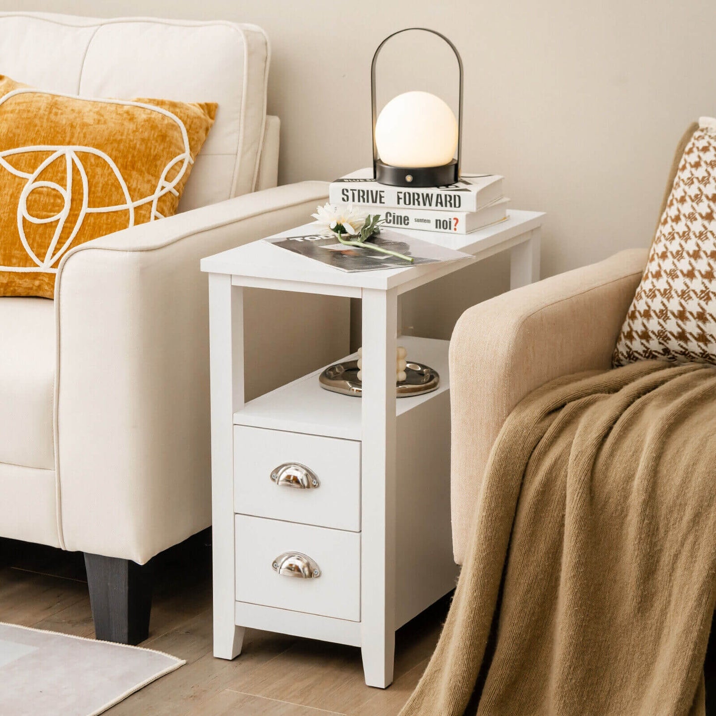 Modern Wooden Bedside Table with Storage Drawers and Display Shelf in White