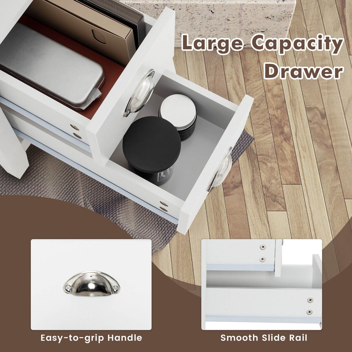 Modern Wooden Bedside Table with Storage Drawers and Display Shelf in White