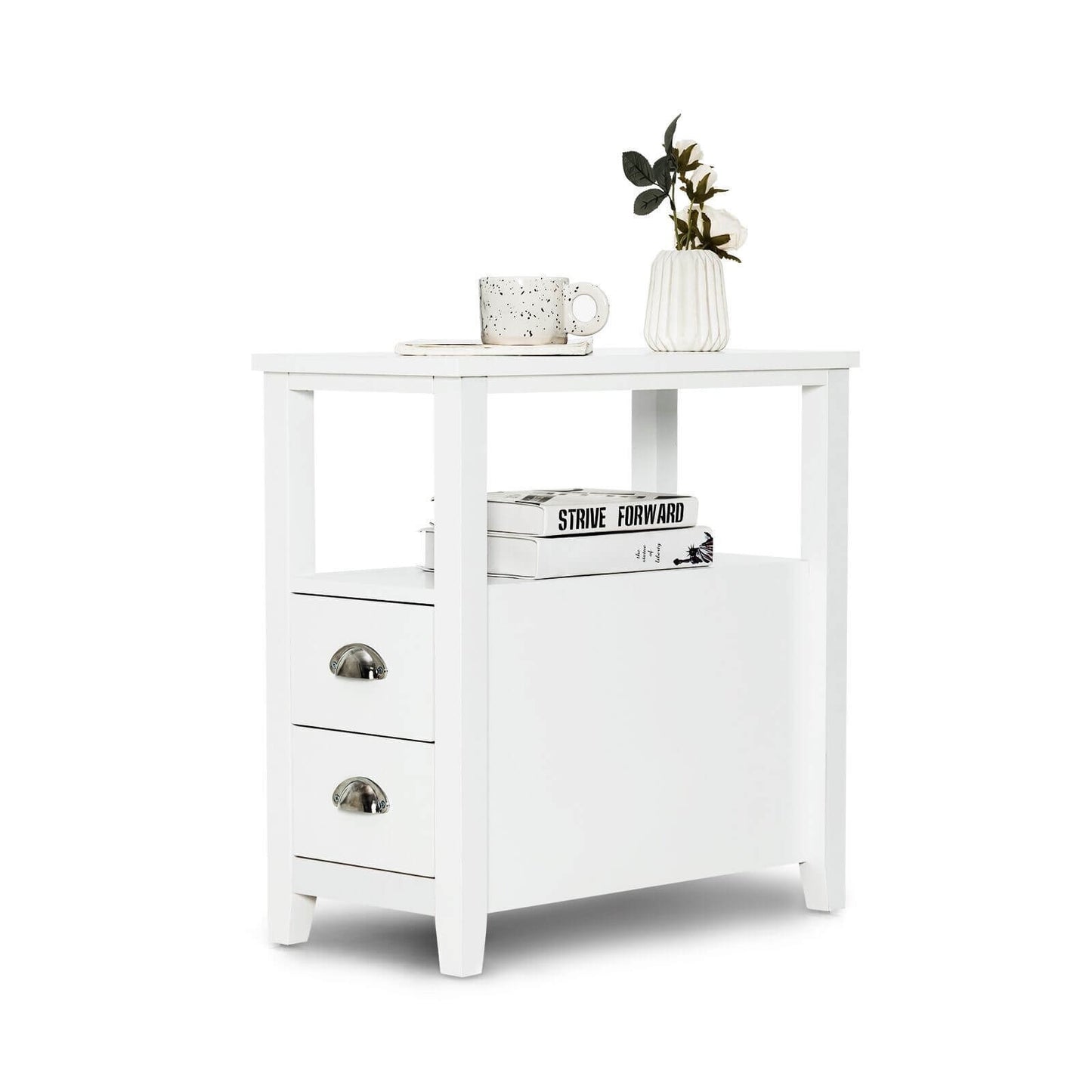 Modern Wooden Bedside Table with Storage Drawers and Display Shelf in White