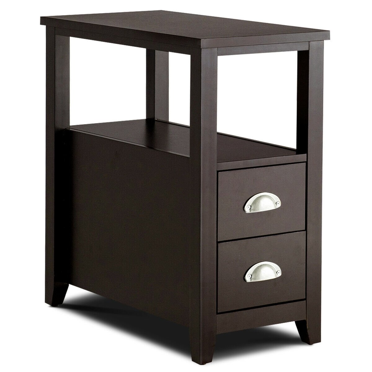 Modern Wooden Bedside Table with Storage Drawers and Display Shelf in Dark Brown