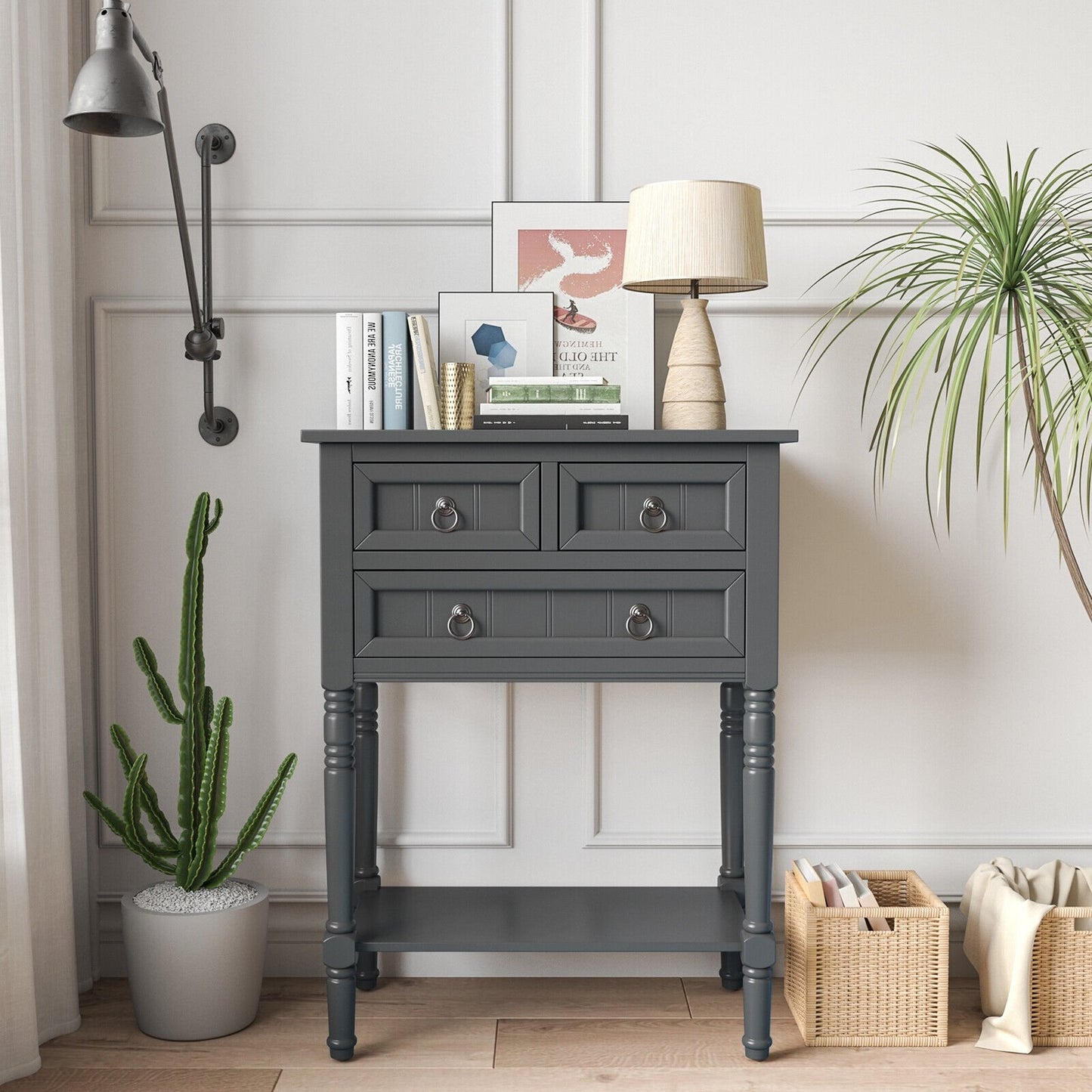 3 Drawer Narrow Console Table with Open Bottom Shelf for Compact Storage - Dark Grey