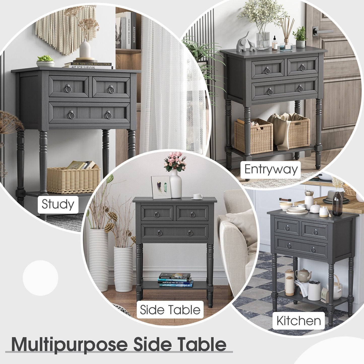3 Drawer Narrow Console Table with Open Bottom Shelf for Compact Storage - Dark Grey