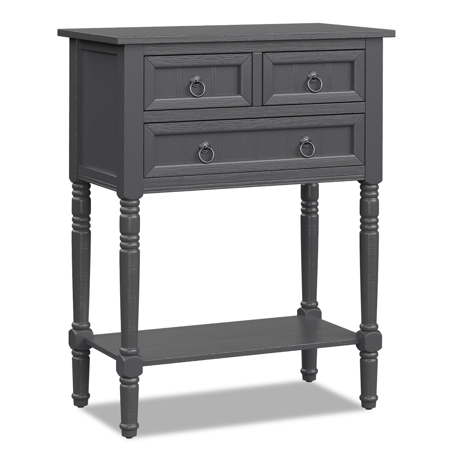 3 Drawer Narrow Console Table with Open Bottom Shelf for Compact Storage - Dark Grey