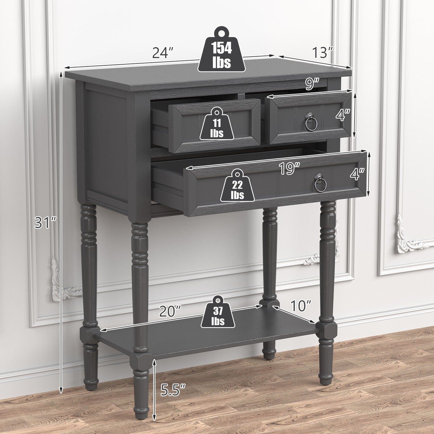 3 Drawer Narrow Console Table with Open Bottom Shelf for Compact Storage - Dark Grey