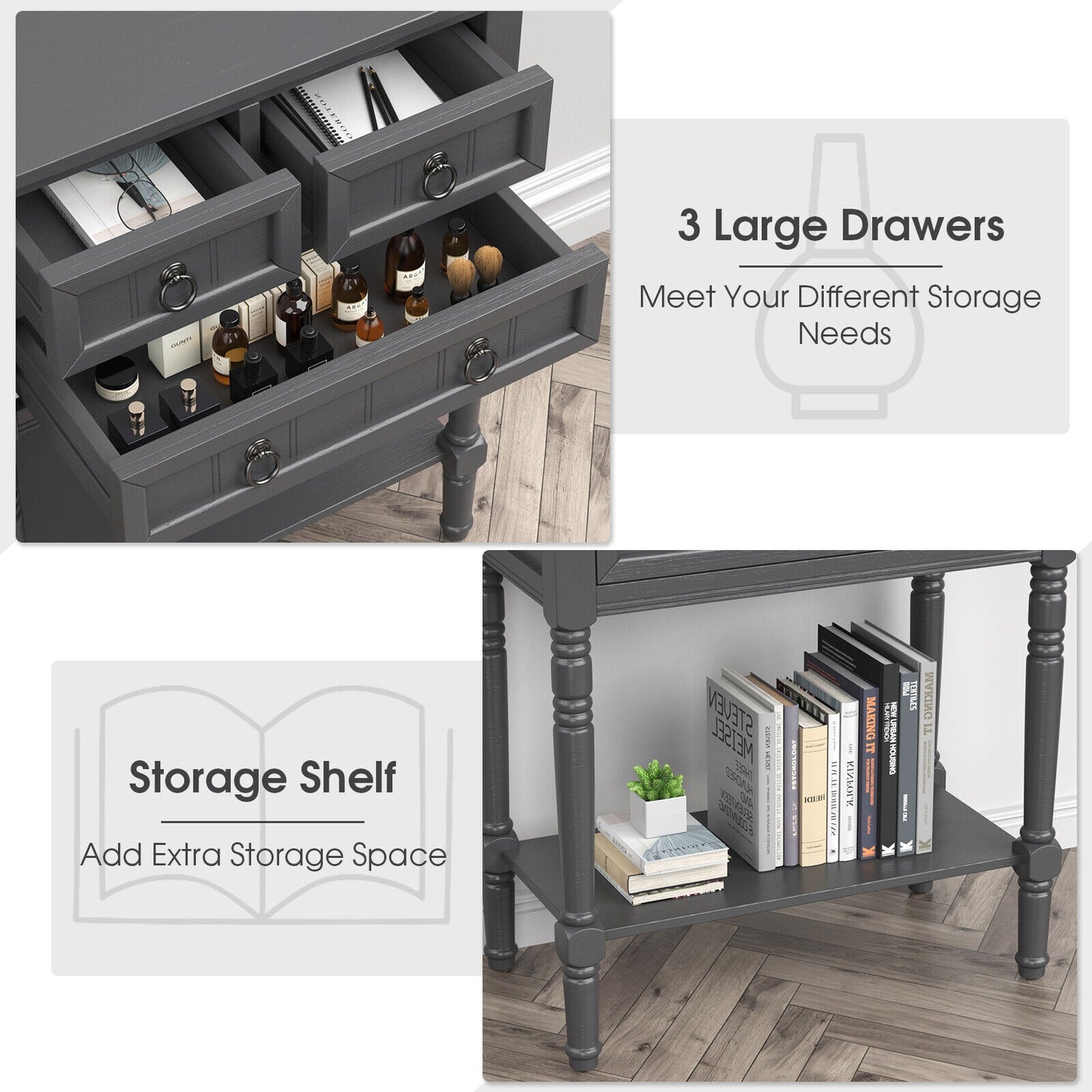 3 Drawer Narrow Console Table with Open Bottom Shelf for Compact Storage - Dark Grey