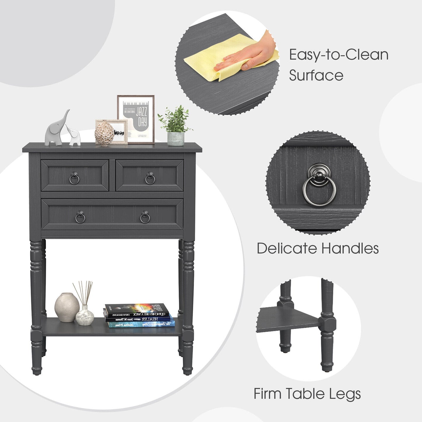 3 Drawer Narrow Console Table with Open Bottom Shelf for Compact Storage - Dark Grey