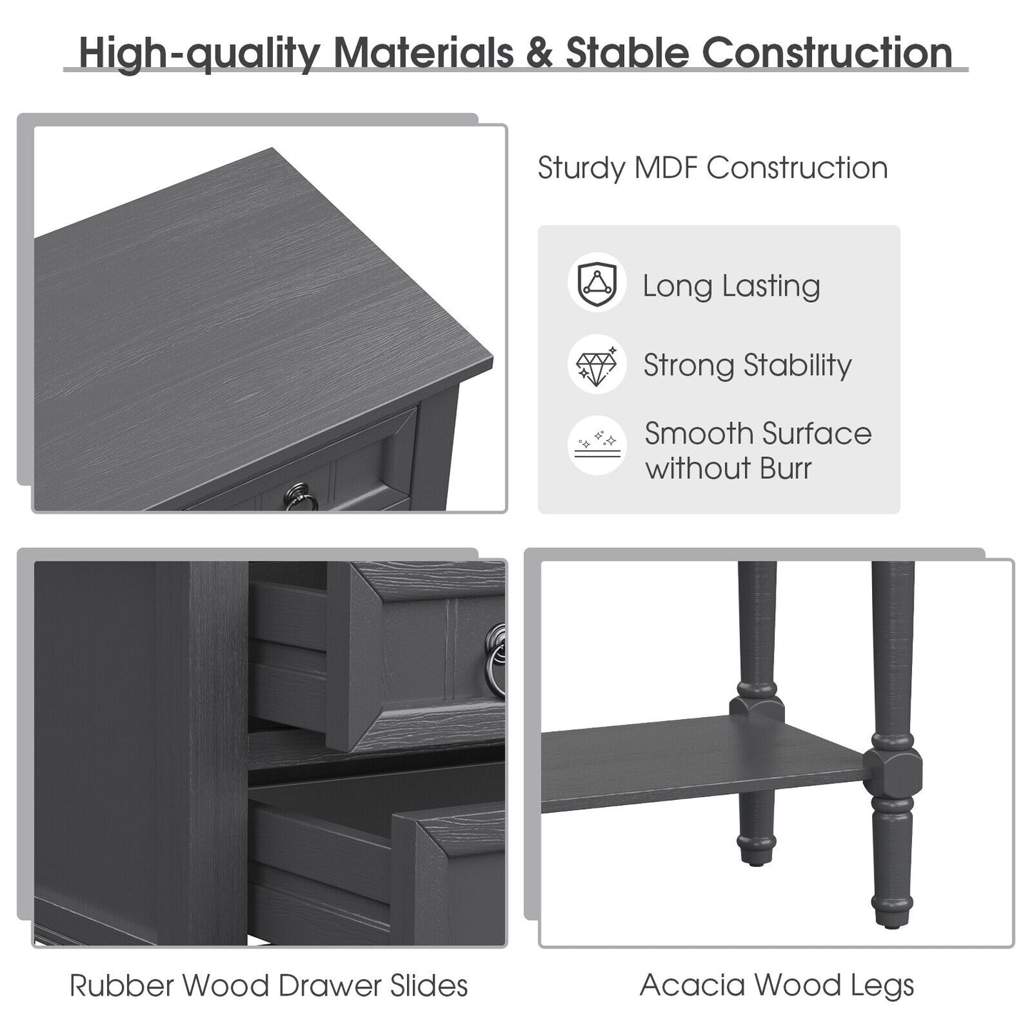 3 Drawer Narrow Console Table with Open Bottom Shelf for Compact Storage - Dark Grey