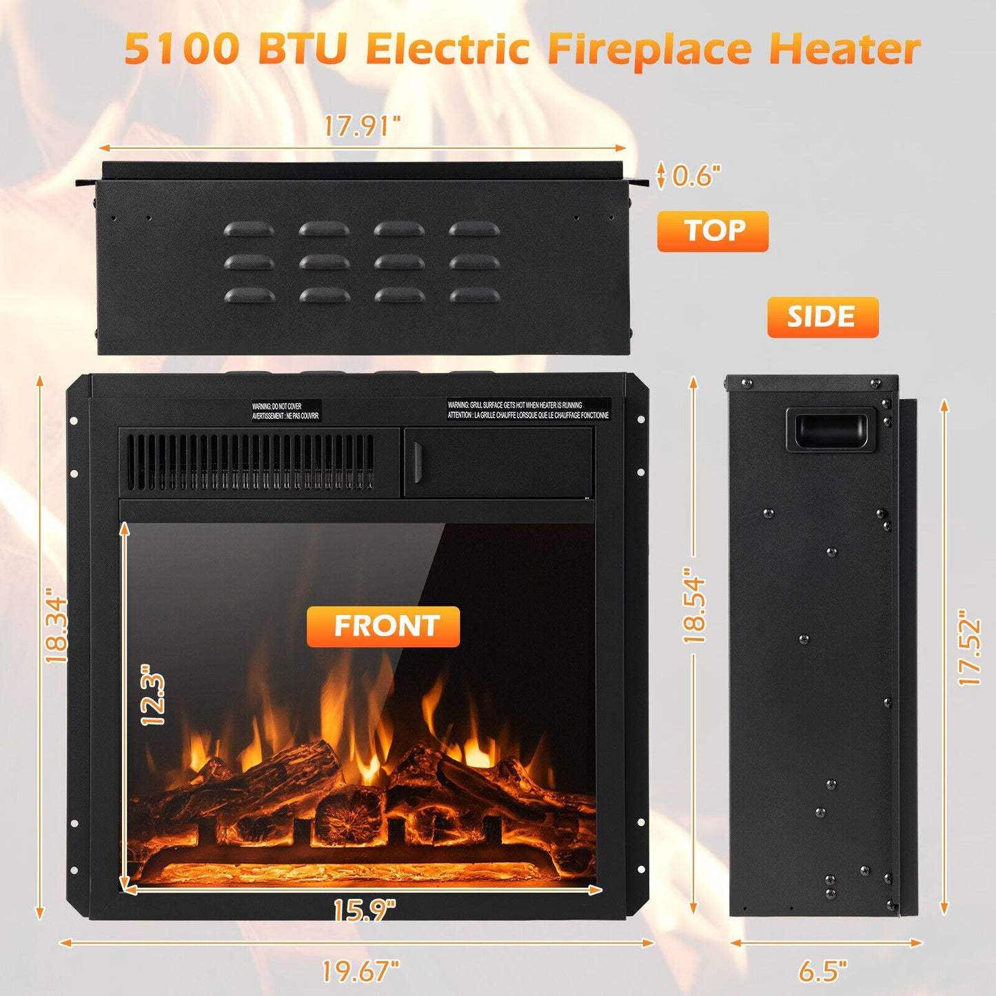 18/22.5 Inch Electric Fireplace Insert with Customizable 7 Level Flame Brightness