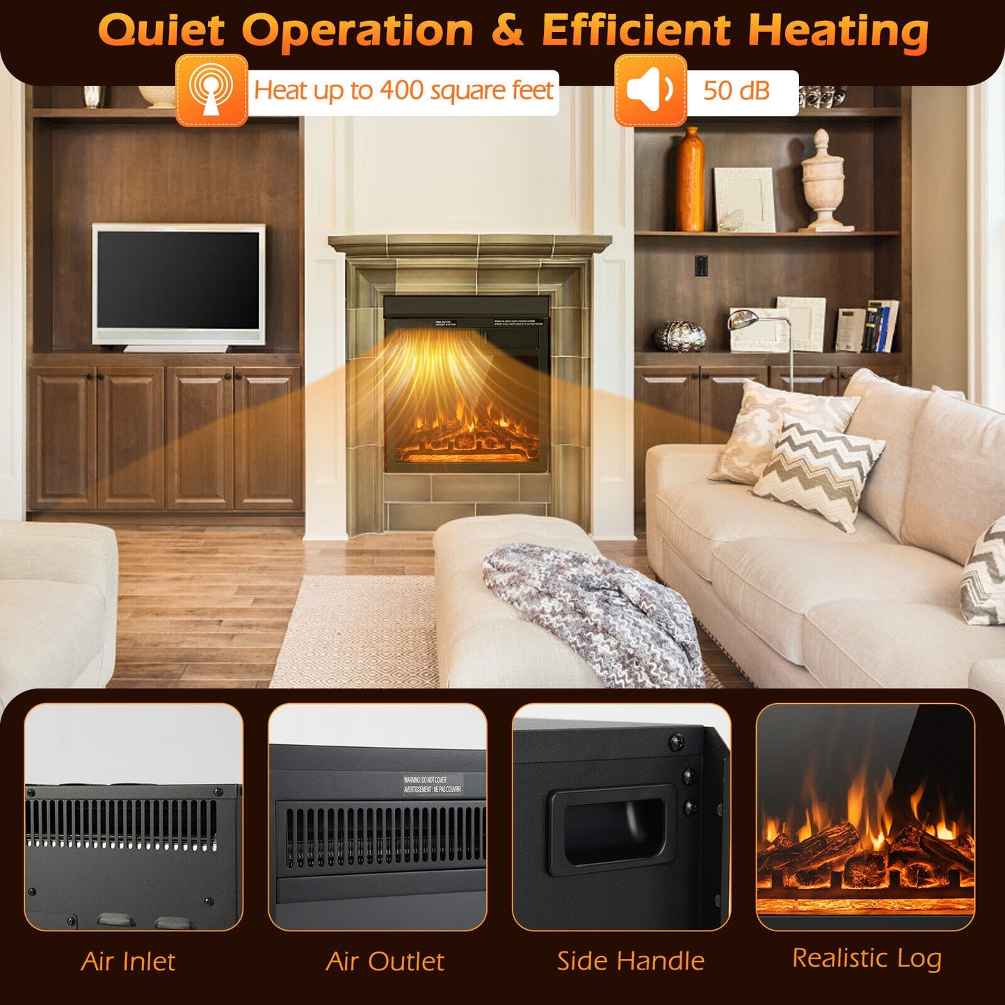 18/22.5 Inch Electric Fireplace Insert with Customizable 7 Level Flame Brightness