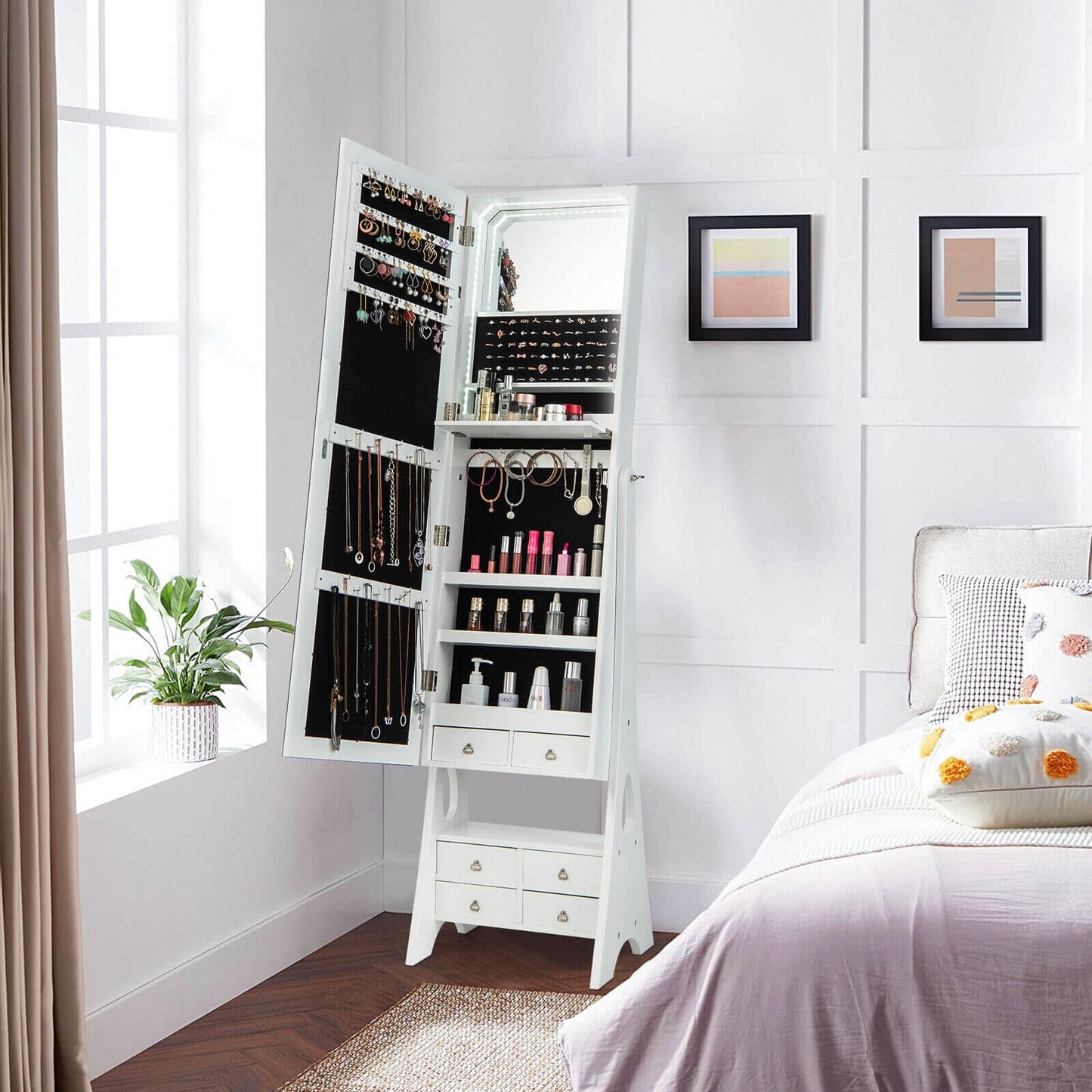 Freestanding Jewelry Armoire with Full-Length LED Mirror and 6 Storage Drawers – White