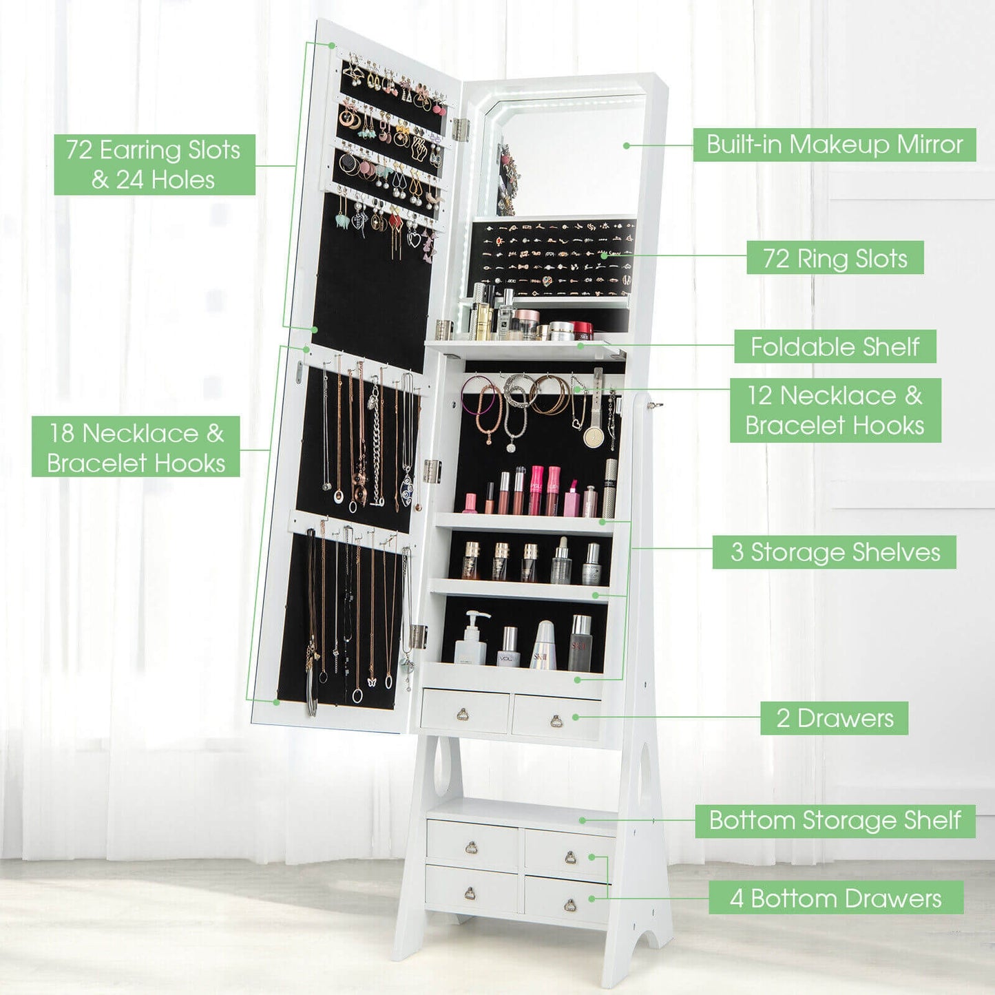 Freestanding Jewelry Armoire with Full-Length LED Mirror and 6 Storage Drawers – White