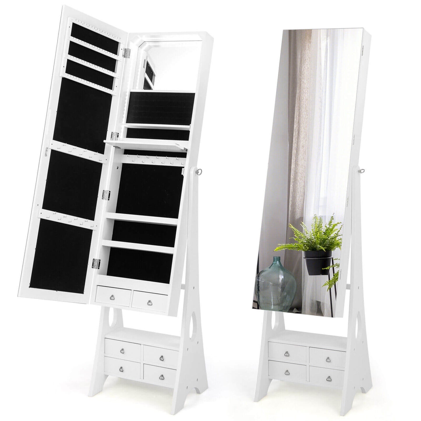 Freestanding Jewelry Armoire with Full-Length LED Mirror and 6 Storage Drawers – White