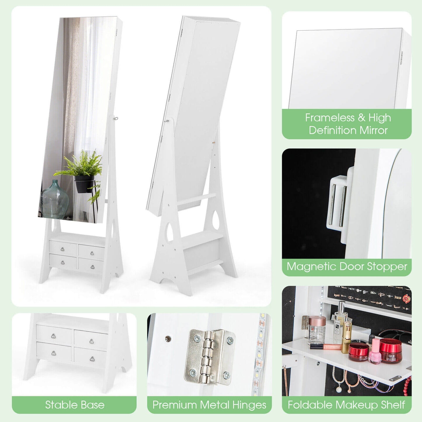 Freestanding Jewelry Armoire with Full-Length LED Mirror and 6 Storage Drawers – White