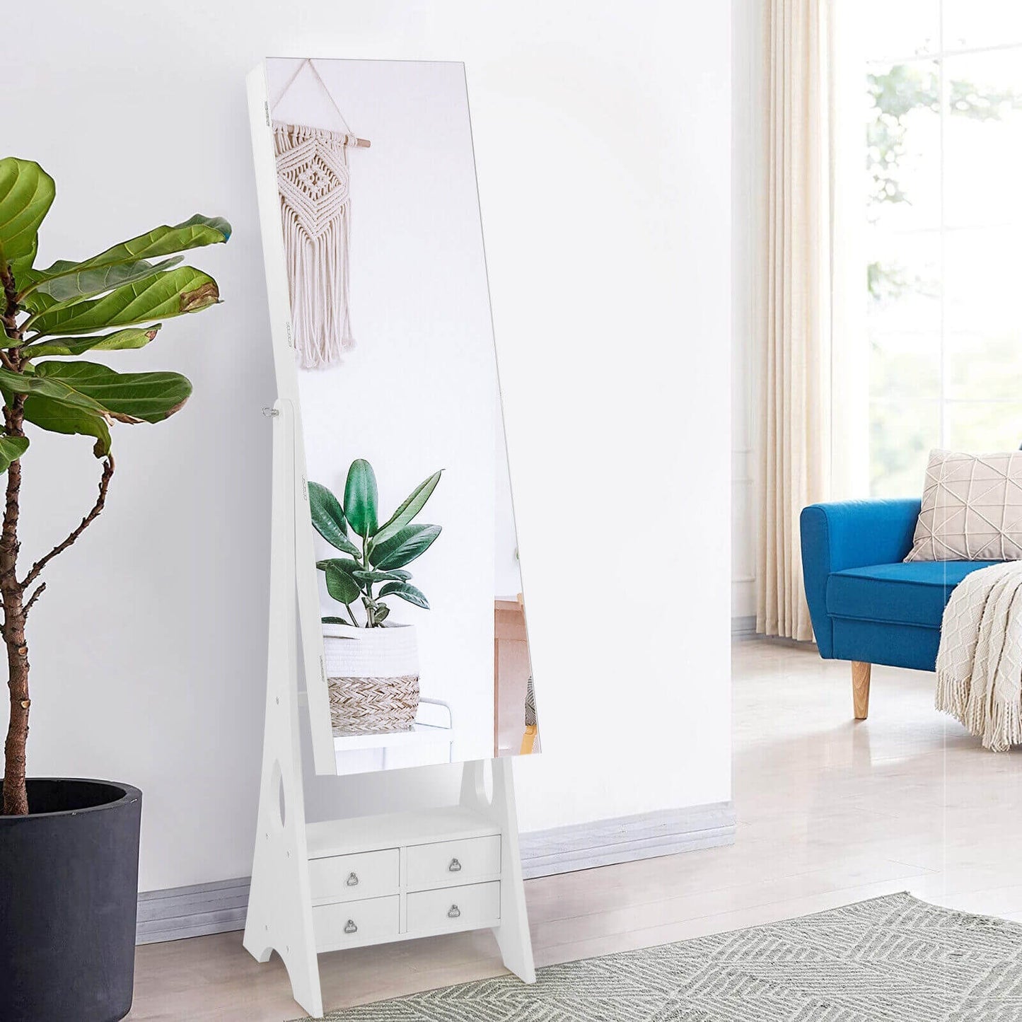 Freestanding Jewelry Armoire with Full-Length LED Mirror and 6 Storage Drawers – White