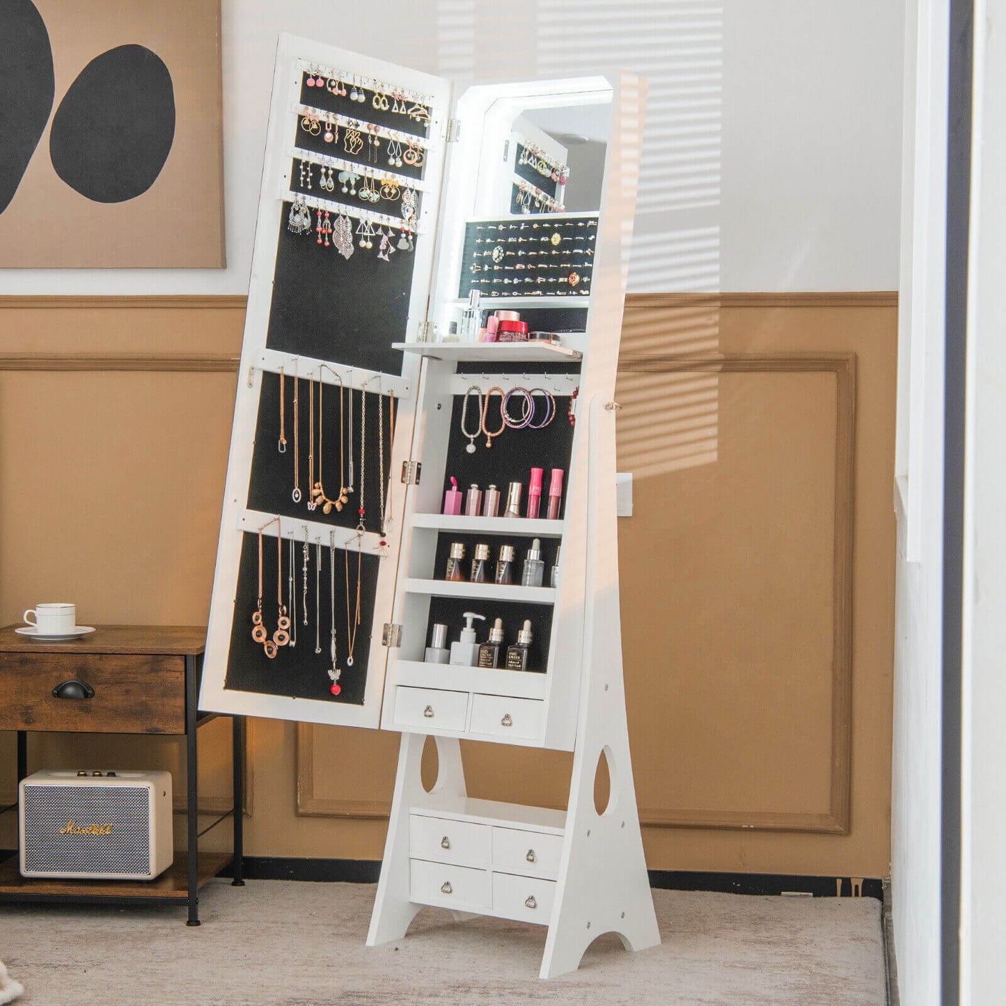 Freestanding Jewelry Armoire with Full-Length LED Mirror and 6 Storage Drawers – White