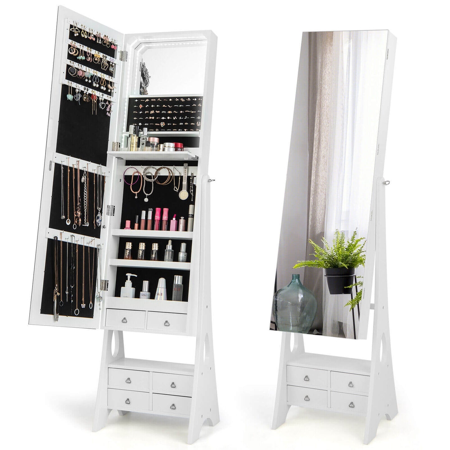 Freestanding Jewelry Armoire with Full-Length LED Mirror and 6 Storage Drawers – White