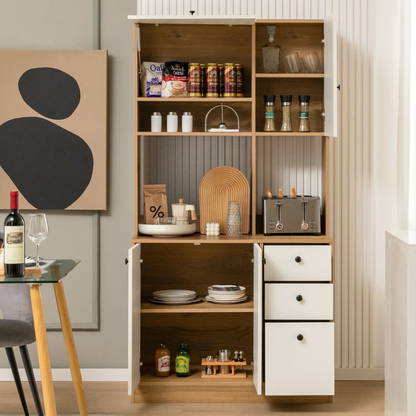 Tall Kitchen Pantry Cabinet with 3 Storage Cabinets 3 Drawers Adjustable Shelves and Countertop - White