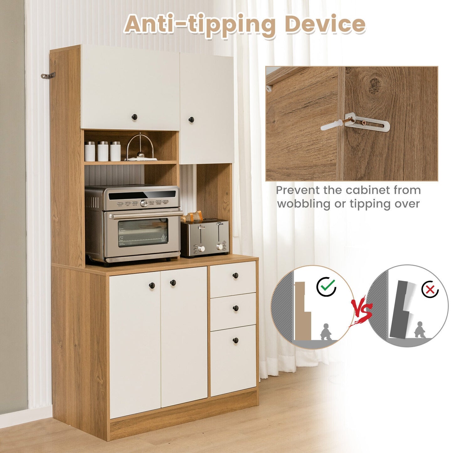 Tall Kitchen Pantry Cabinet with 3 Storage Cabinets 3 Drawers Adjustable Shelves and Countertop - White