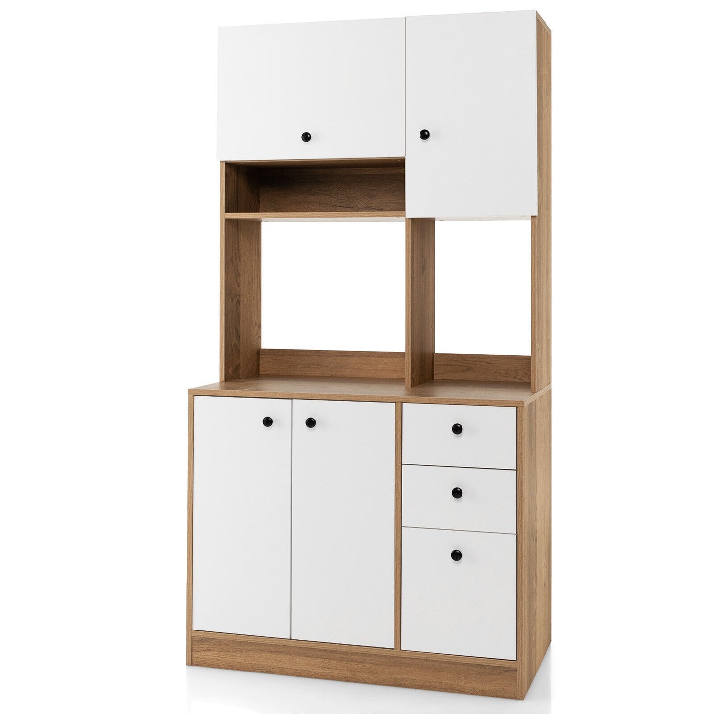 Tall Kitchen Pantry Cabinet with 3 Storage Cabinets 3 Drawers Adjustable Shelves and Countertop - White