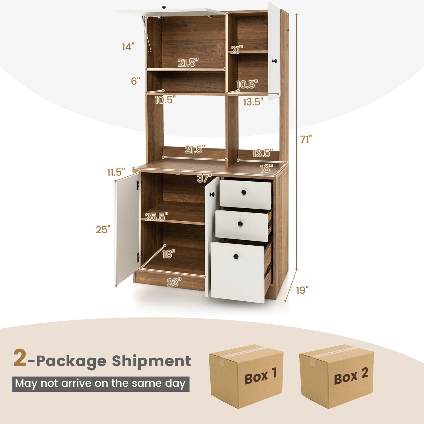 Tall Kitchen Pantry Cabinet with 3 Storage Cabinets 3 Drawers Adjustable Shelves and Countertop - White