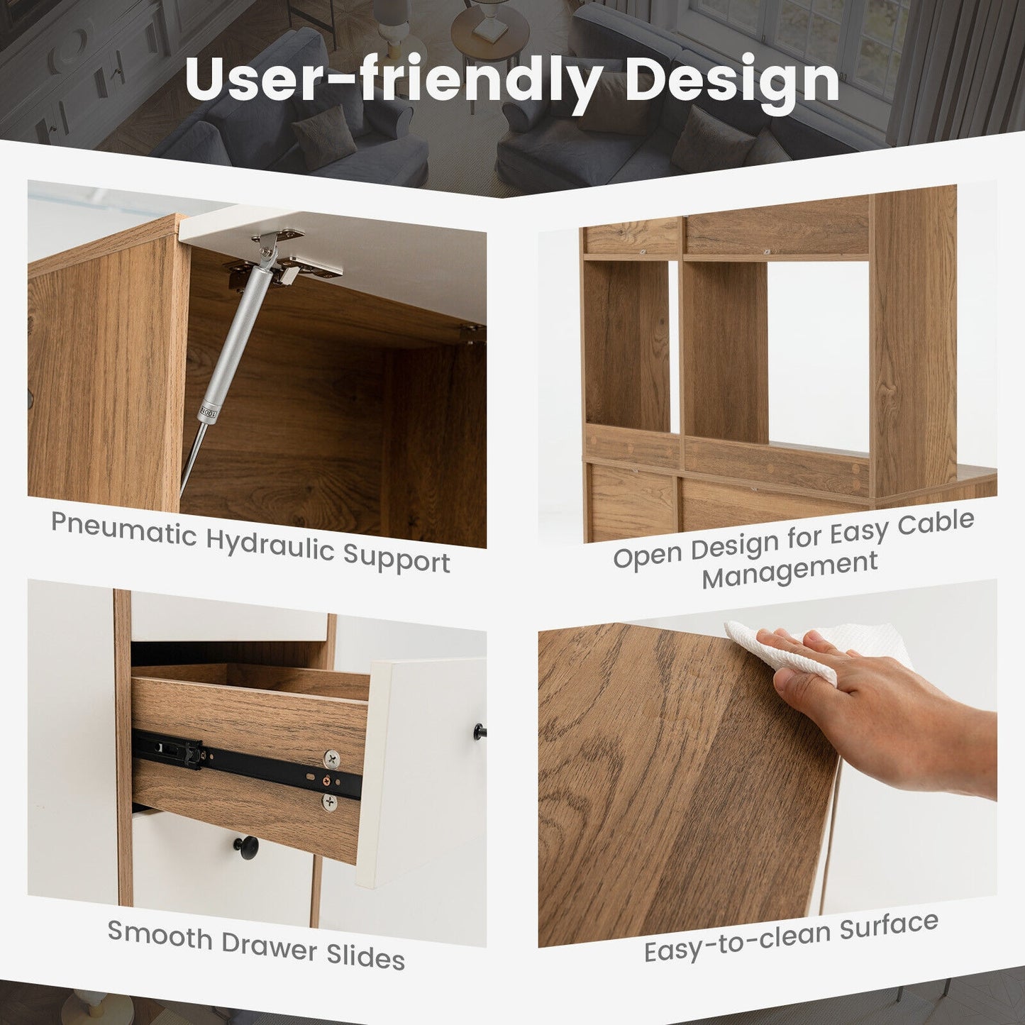 Collage of features including pneumatic hydraulic support, open design for cable management, smooth drawer slides, and easy-to-clean surface on a wooden cabinet.