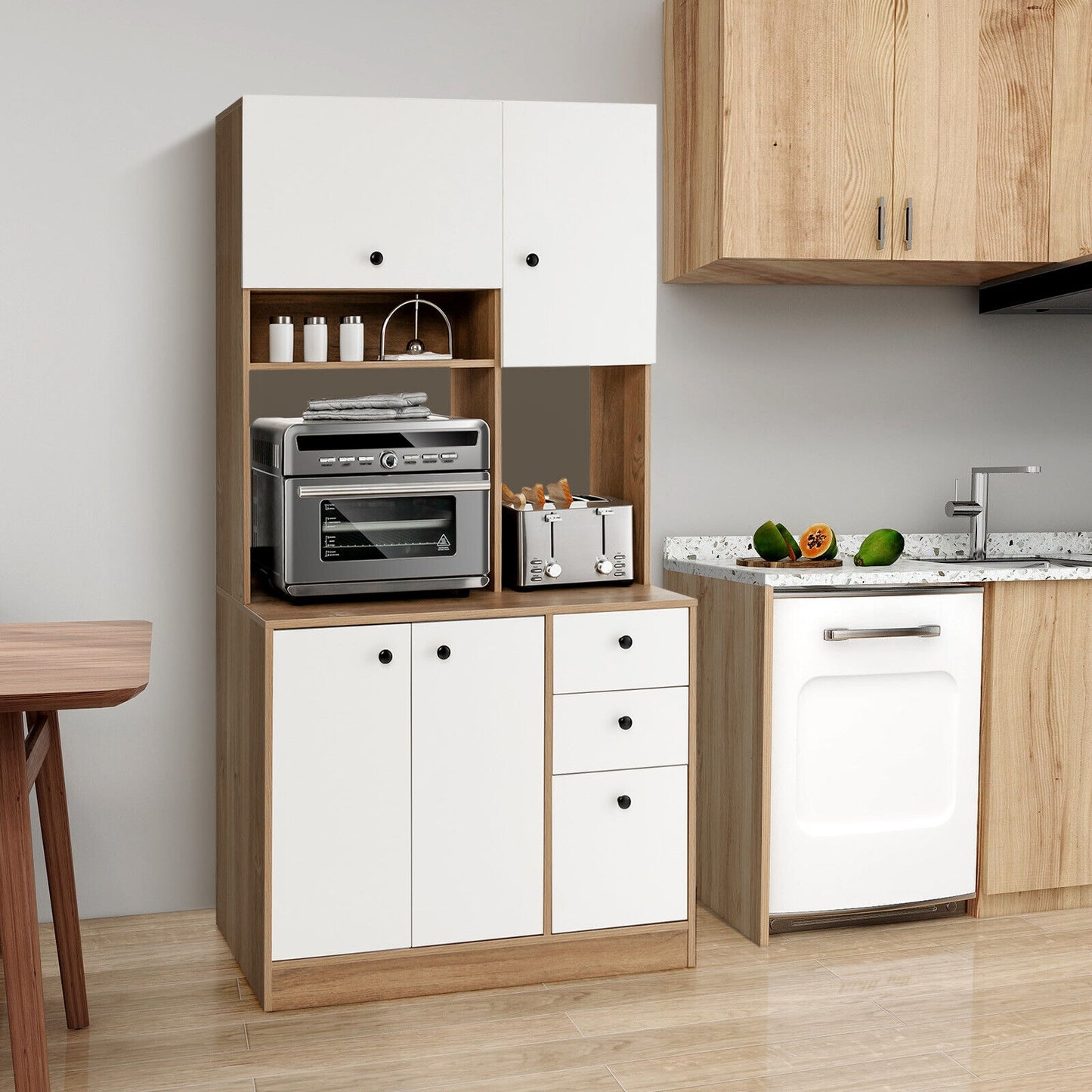 Tall Kitchen Pantry Cabinet with 3 Storage Cabinets 3 Drawers Adjustable Shelves and Countertop - White