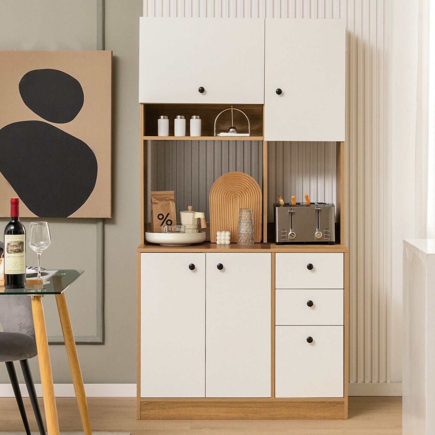 Tall Kitchen Pantry Cabinet with 3 Storage Cabinets 3 Drawers Adjustable Shelves and Countertop - White
