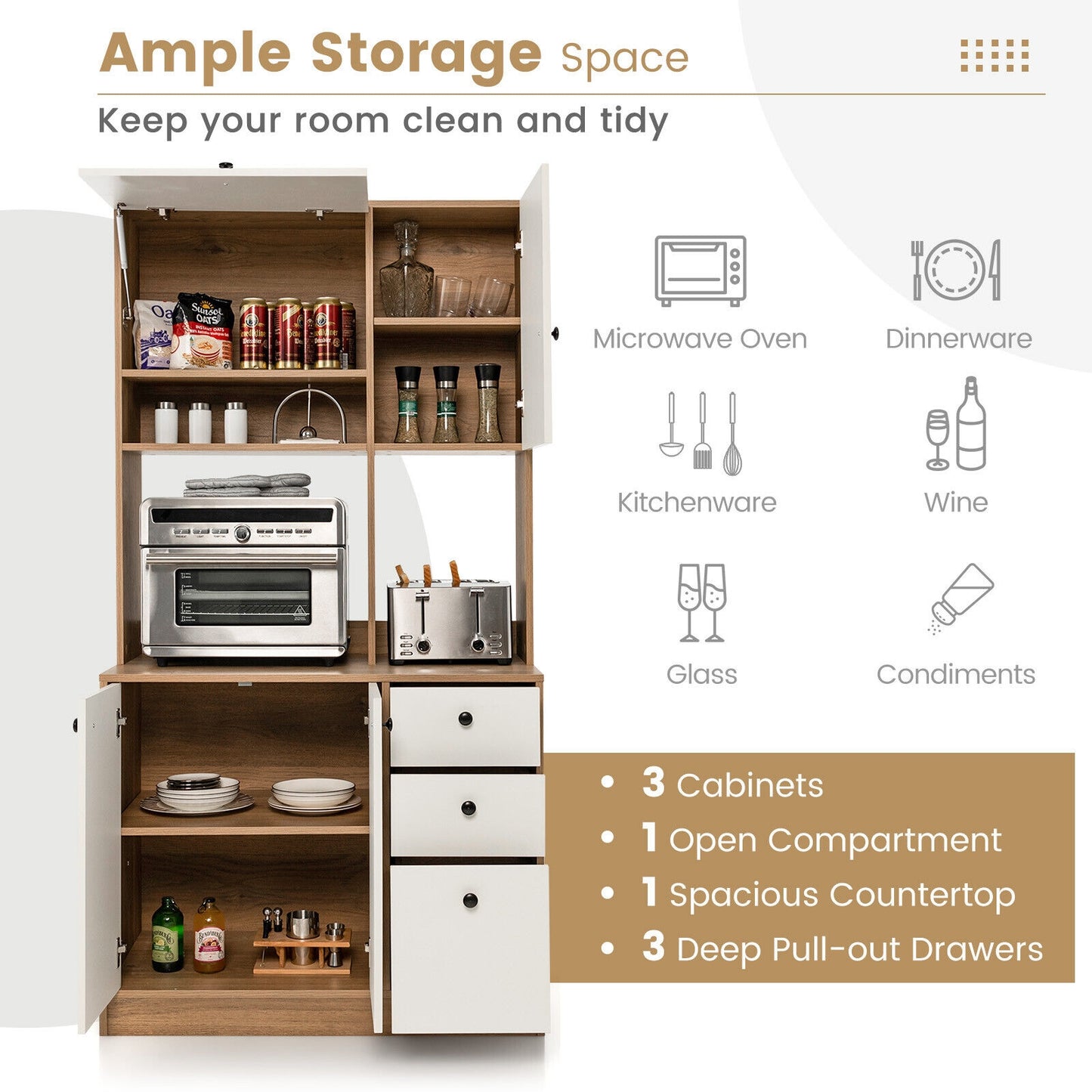 Tall Kitchen Pantry Cabinet with 3 Storage Cabinets 3 Drawers Adjustable Shelves and Countertop - White