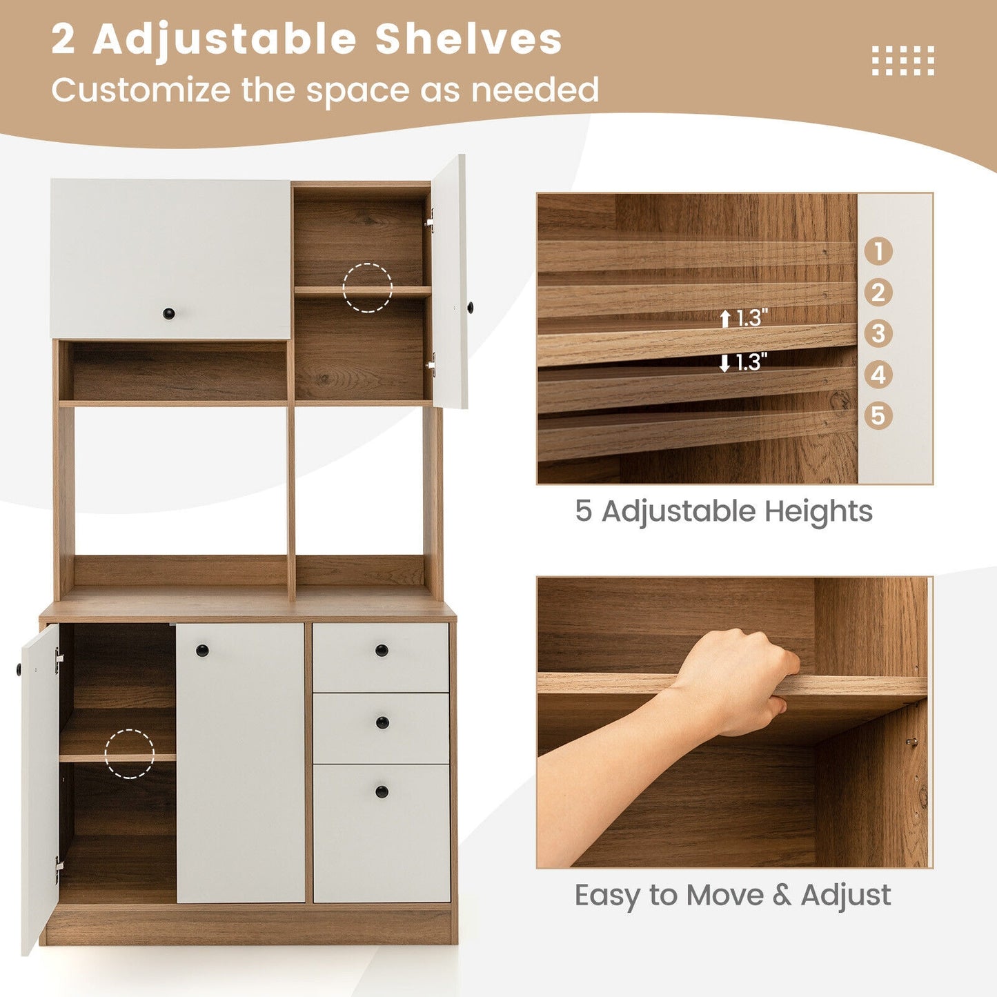 Tall Kitchen Pantry Cabinet with 3 Storage Cabinets 3 Drawers Adjustable Shelves and Countertop - White