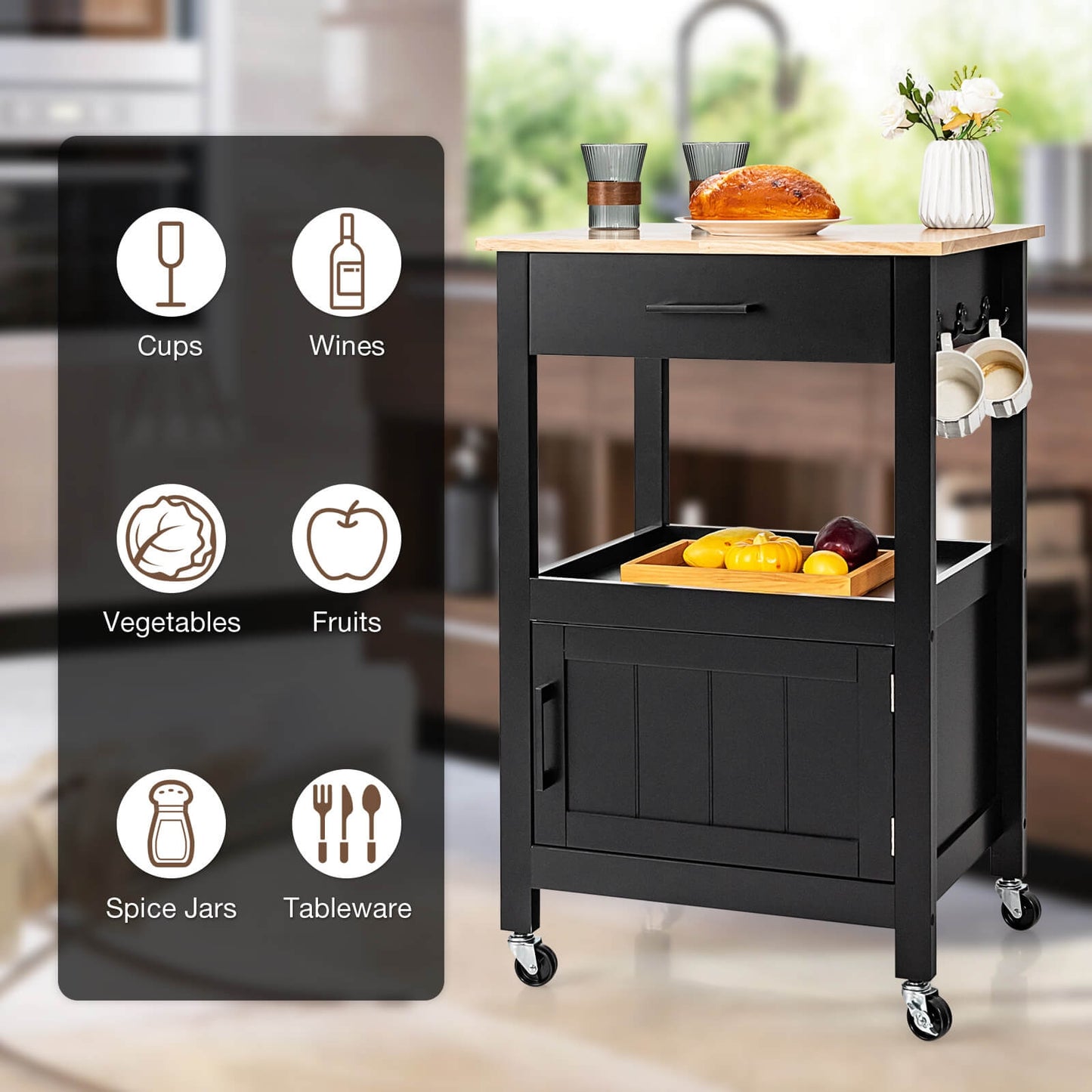 Rolling Kitchen Island Cart with Drawer Cabinet Shelf and Side Hooks - Black