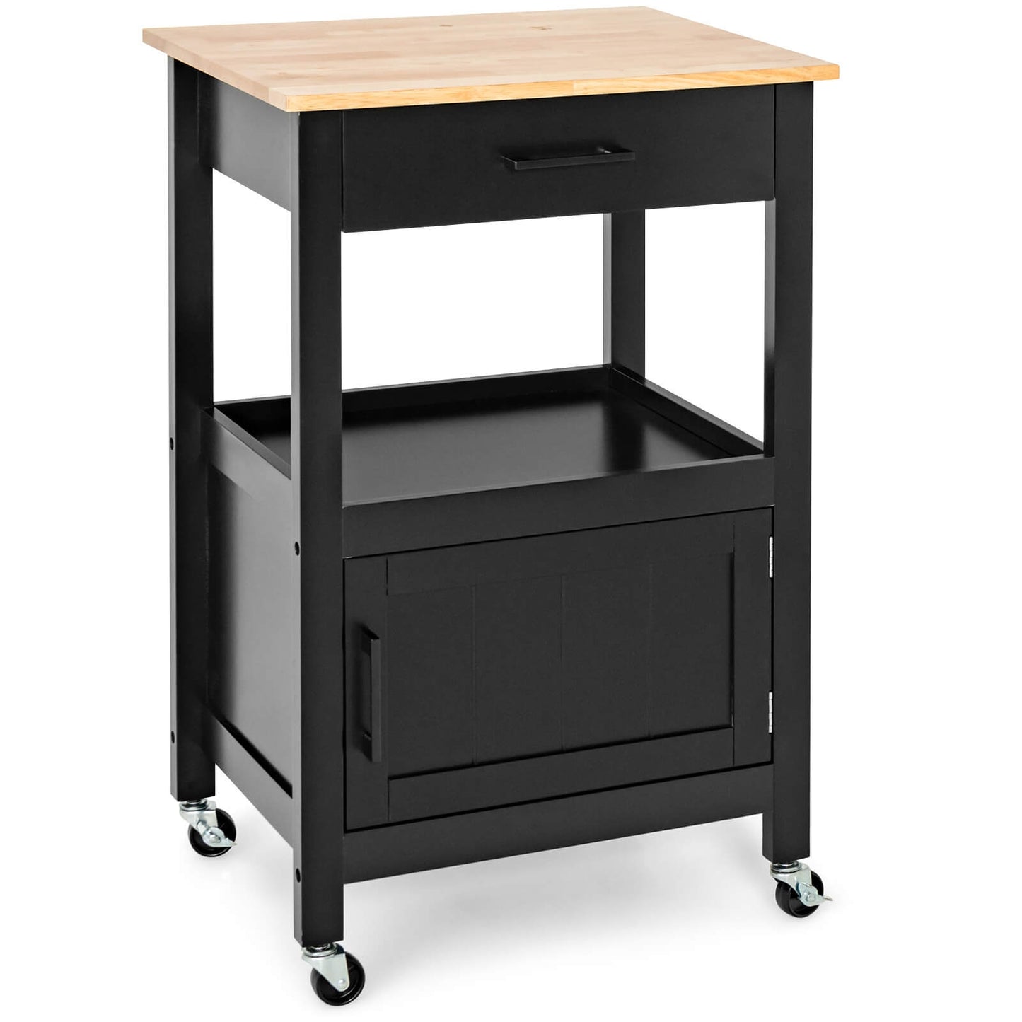Rolling Kitchen Island Cart with Drawer Cabinet Shelf and Side Hooks - Black