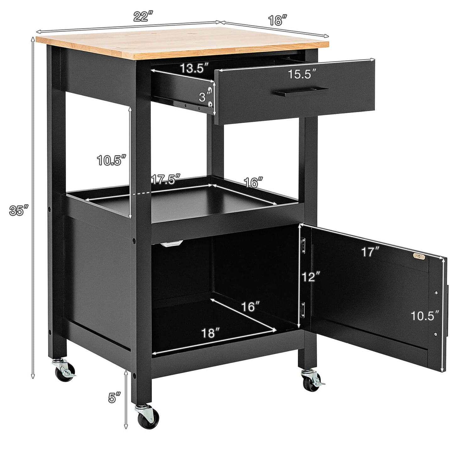 Rolling Kitchen Island Cart with Drawer Cabinet Shelf and Side Hooks - Black