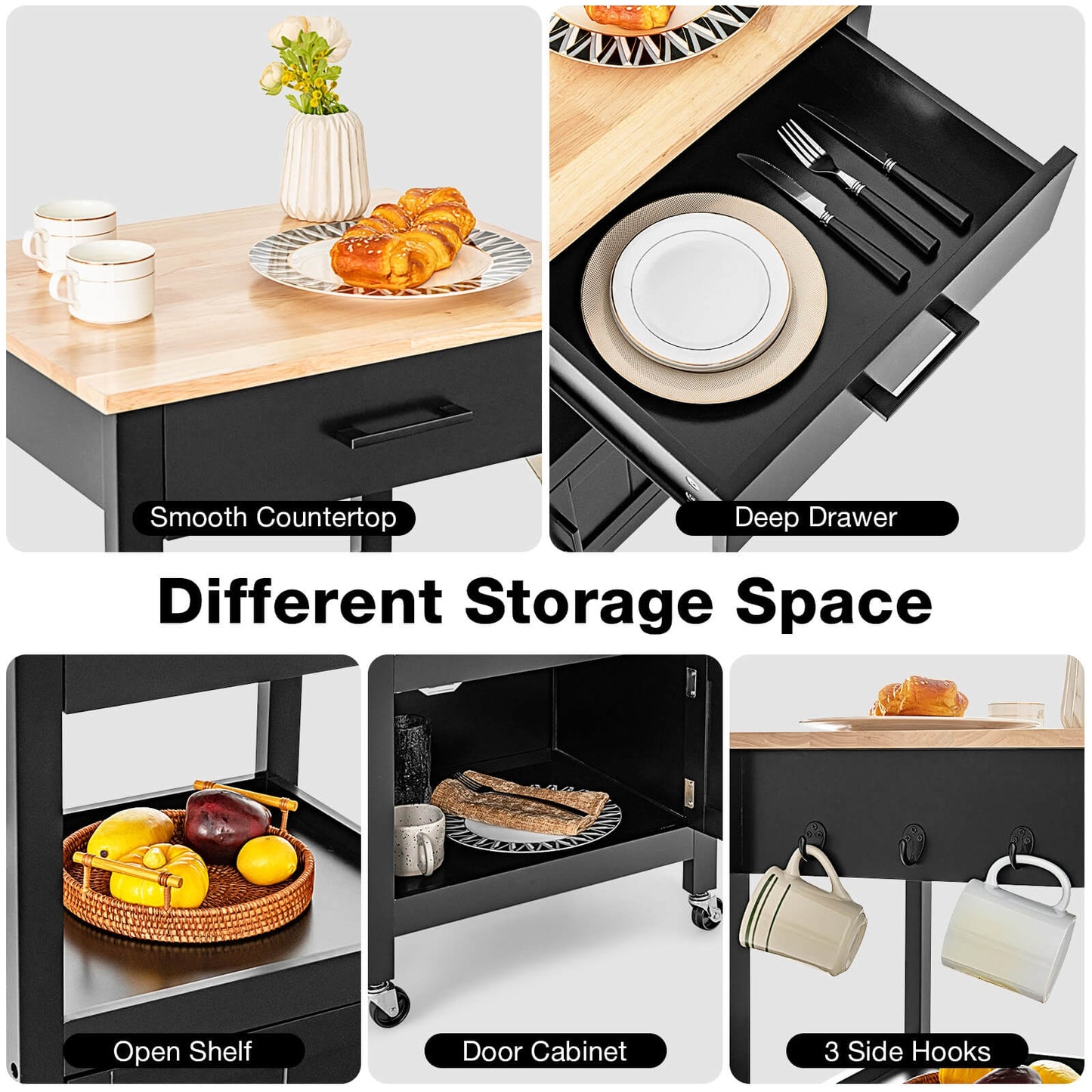 Rolling Kitchen Island Cart with Drawer Cabinet Shelf and Side Hooks - Black