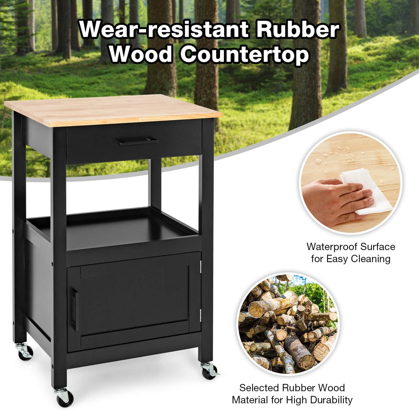 Rolling Kitchen Island Cart with Drawer Cabinet Shelf and Side Hooks - Black