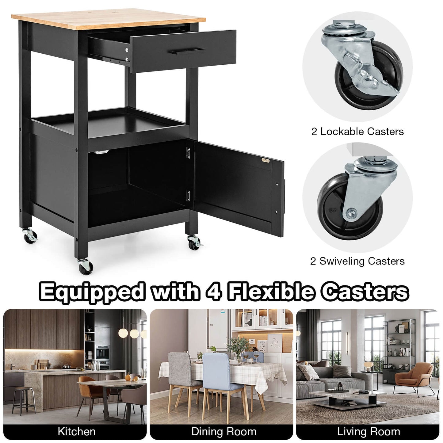 Rolling Kitchen Island Cart with Drawer Cabinet Shelf and Side Hooks - Black
