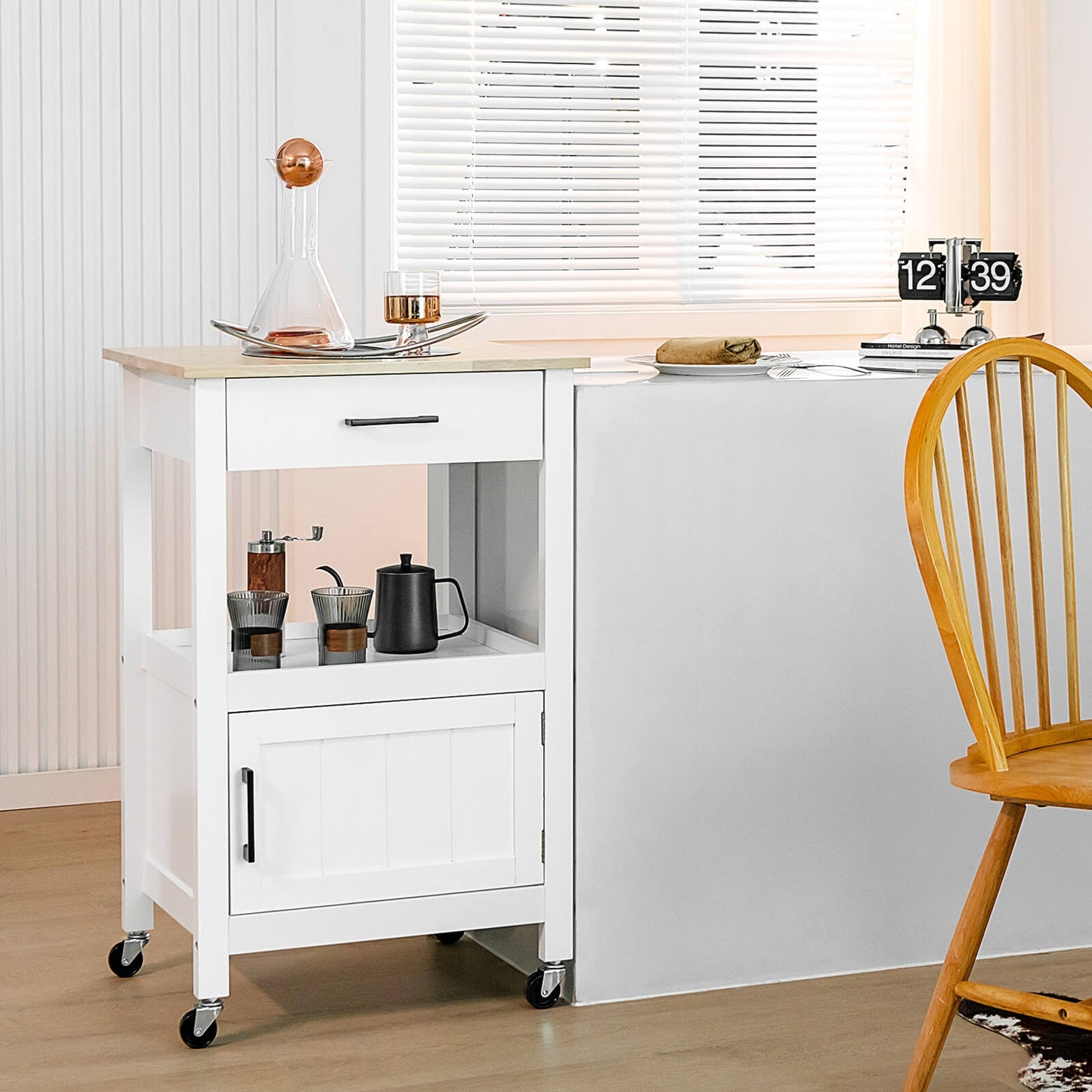 Rolling Kitchen Island Cart with Drawer Cabinet Shelf and Side Hooks - White