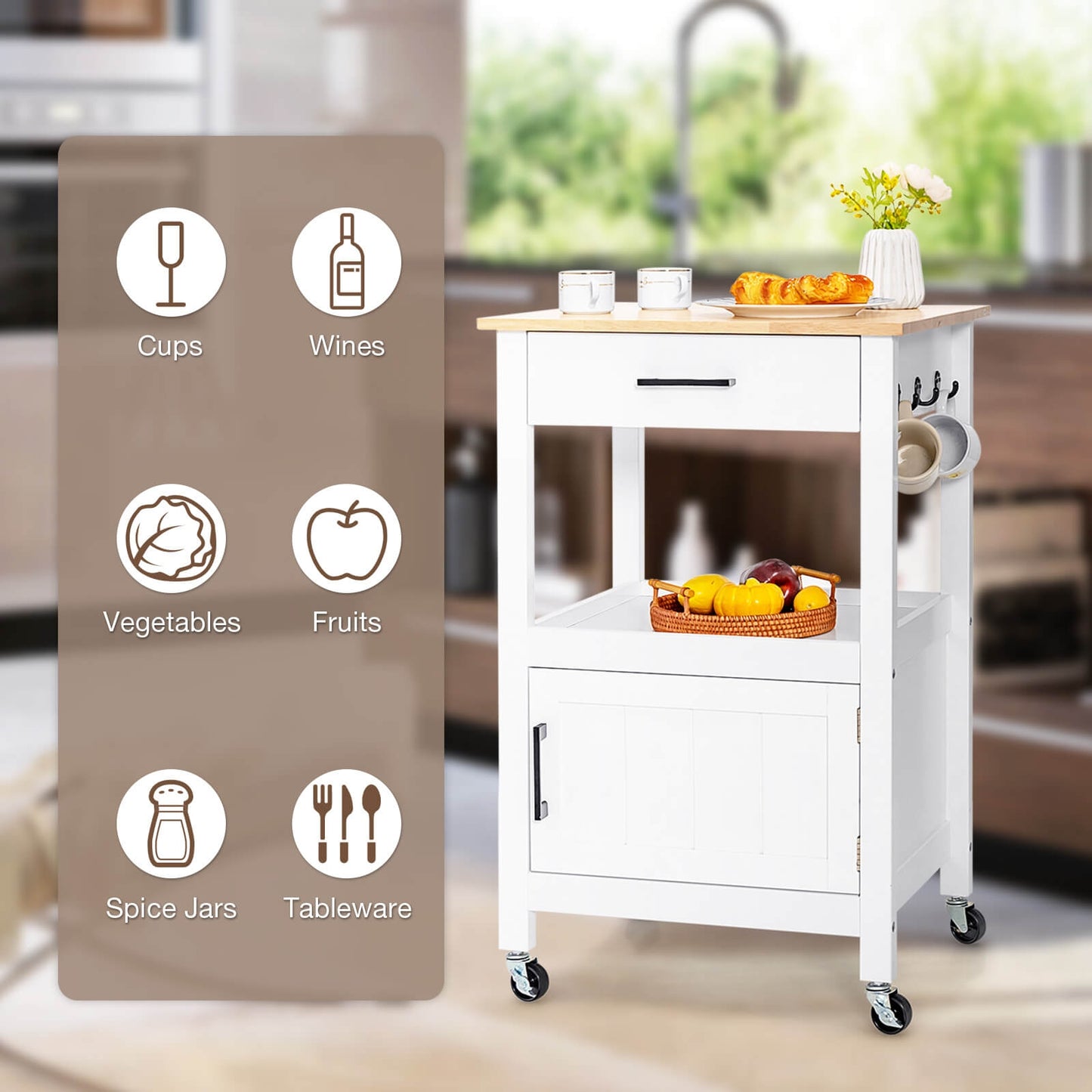 Rolling Kitchen Island Cart with Drawer Cabinet Shelf and Side Hooks - White