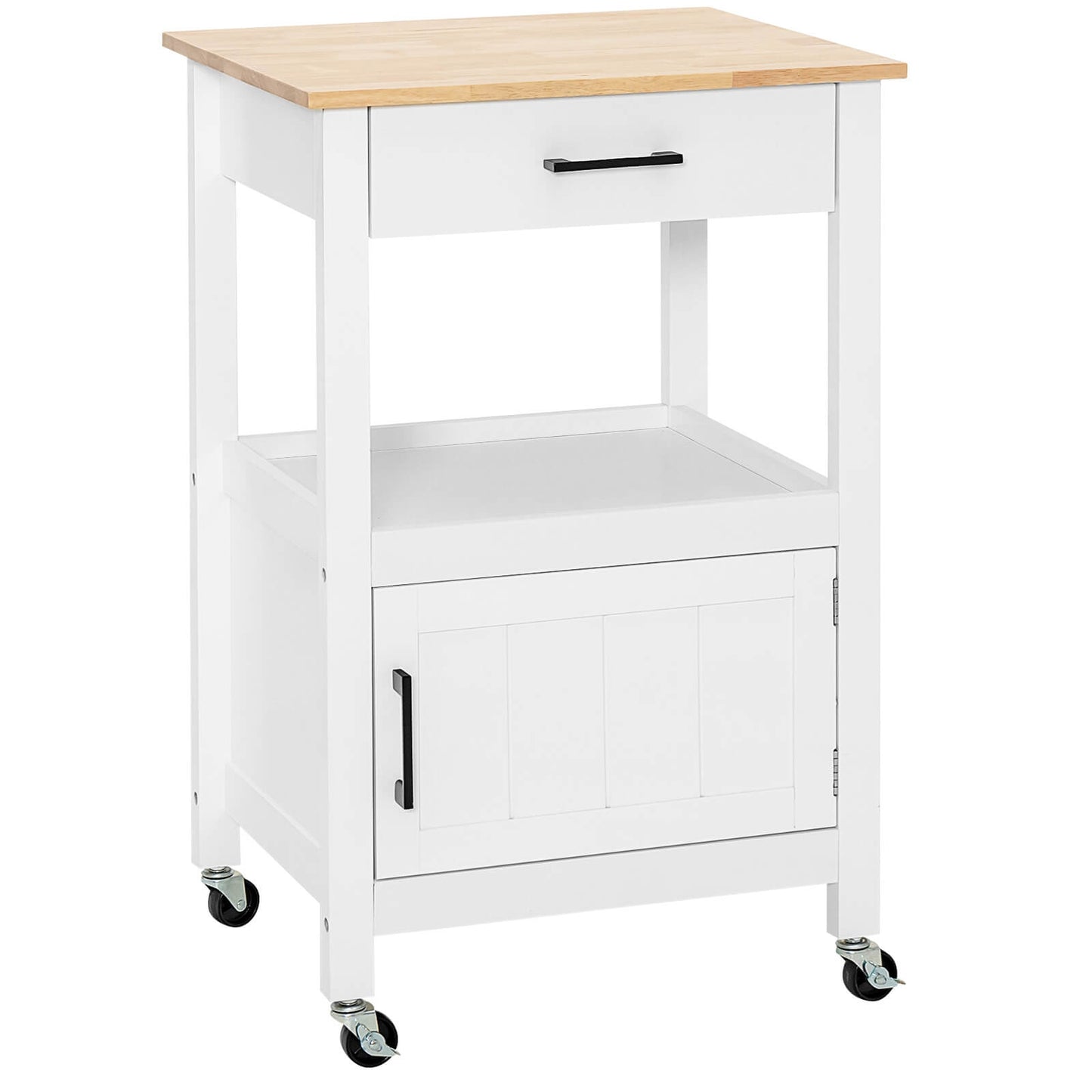 Rolling Kitchen Island Cart with Drawer Cabinet Shelf and Side Hooks - White