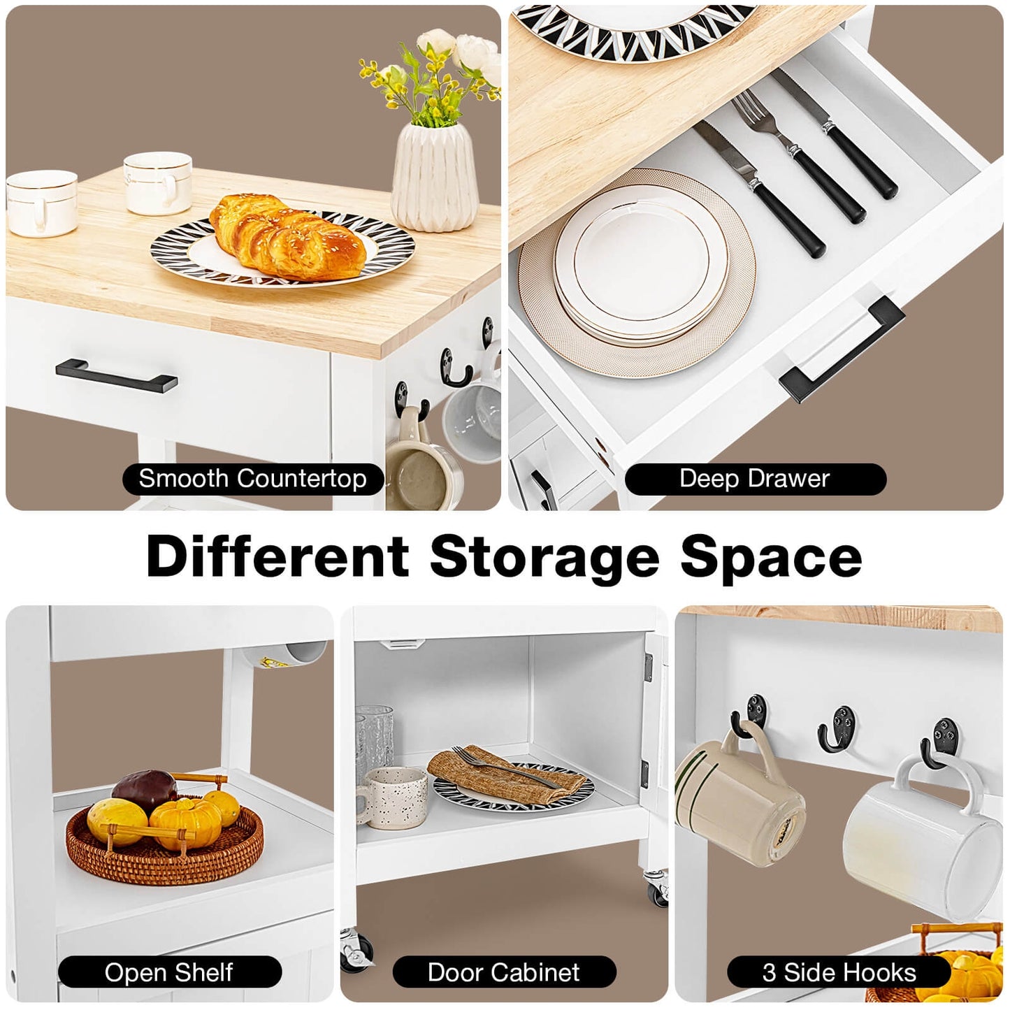 Rolling Kitchen Island Cart with Drawer Cabinet Shelf and Side Hooks - White