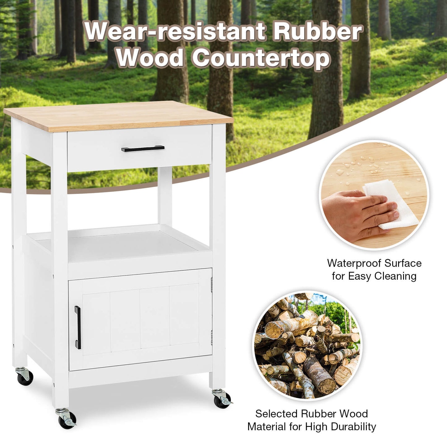 Rolling Kitchen Island Cart with Drawer Cabinet Shelf and Side Hooks - White