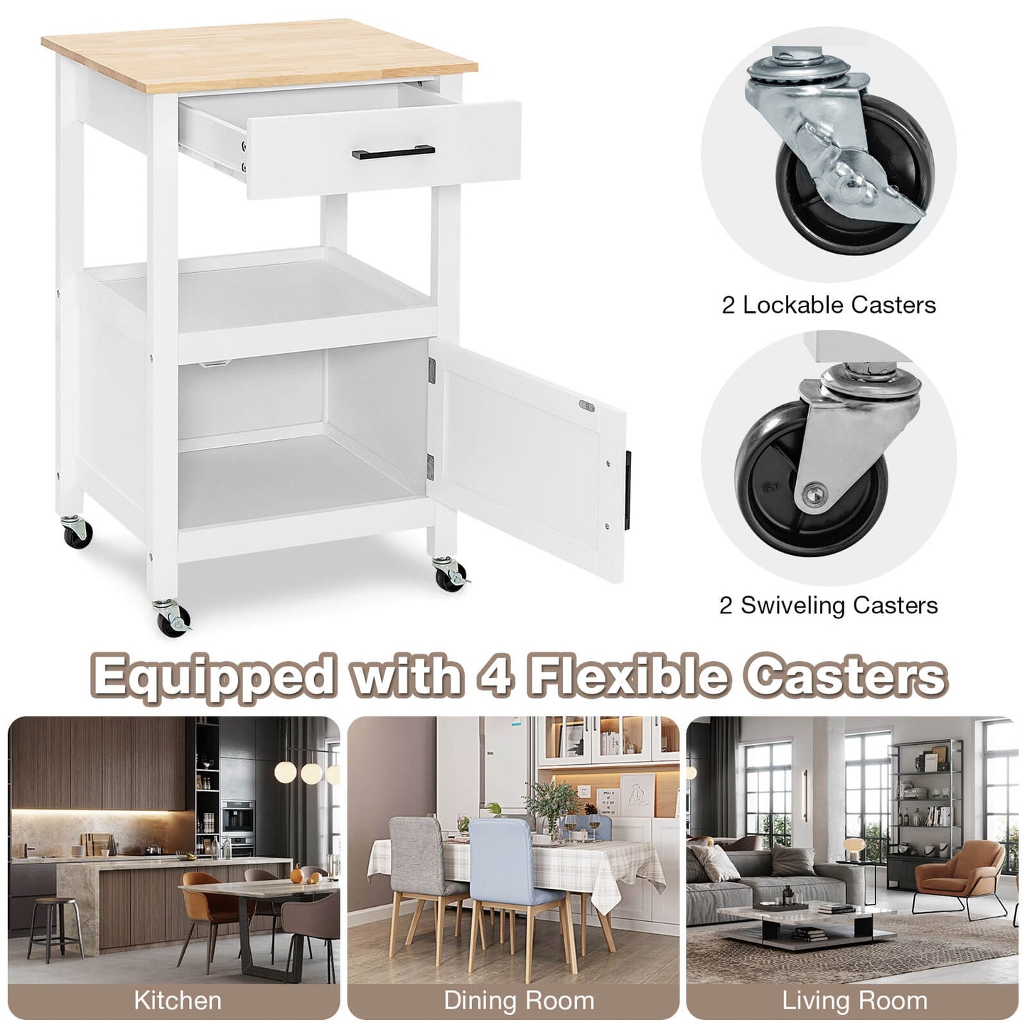 Rolling Kitchen Island Cart with Drawer Cabinet Shelf and Side Hooks - White