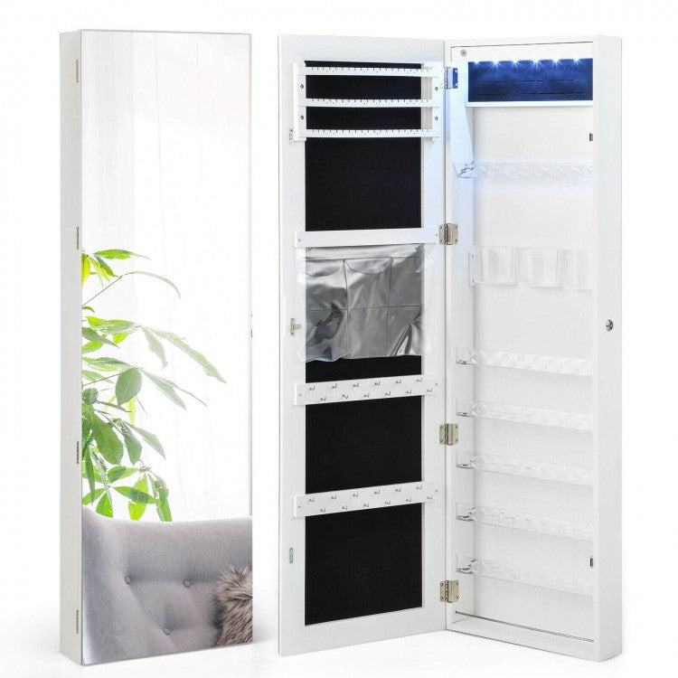 Frameless LED Mirror Jewelry Armoire with Lock, Wall or Door Mounted – White